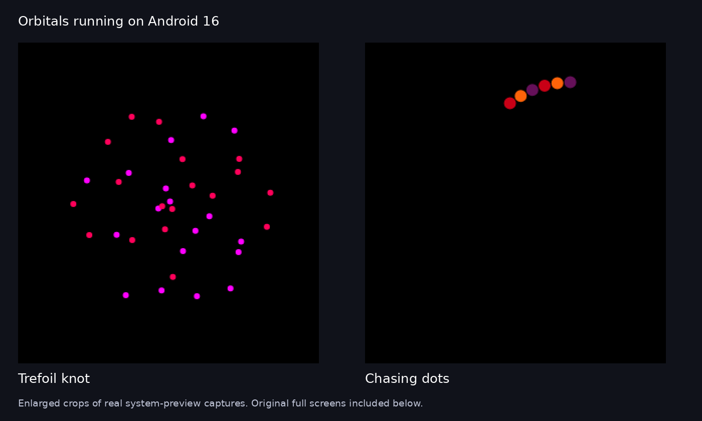 Enlarged screenshot details of the pink Trefoil knot pattern and multicoloured Chasing dots on black.