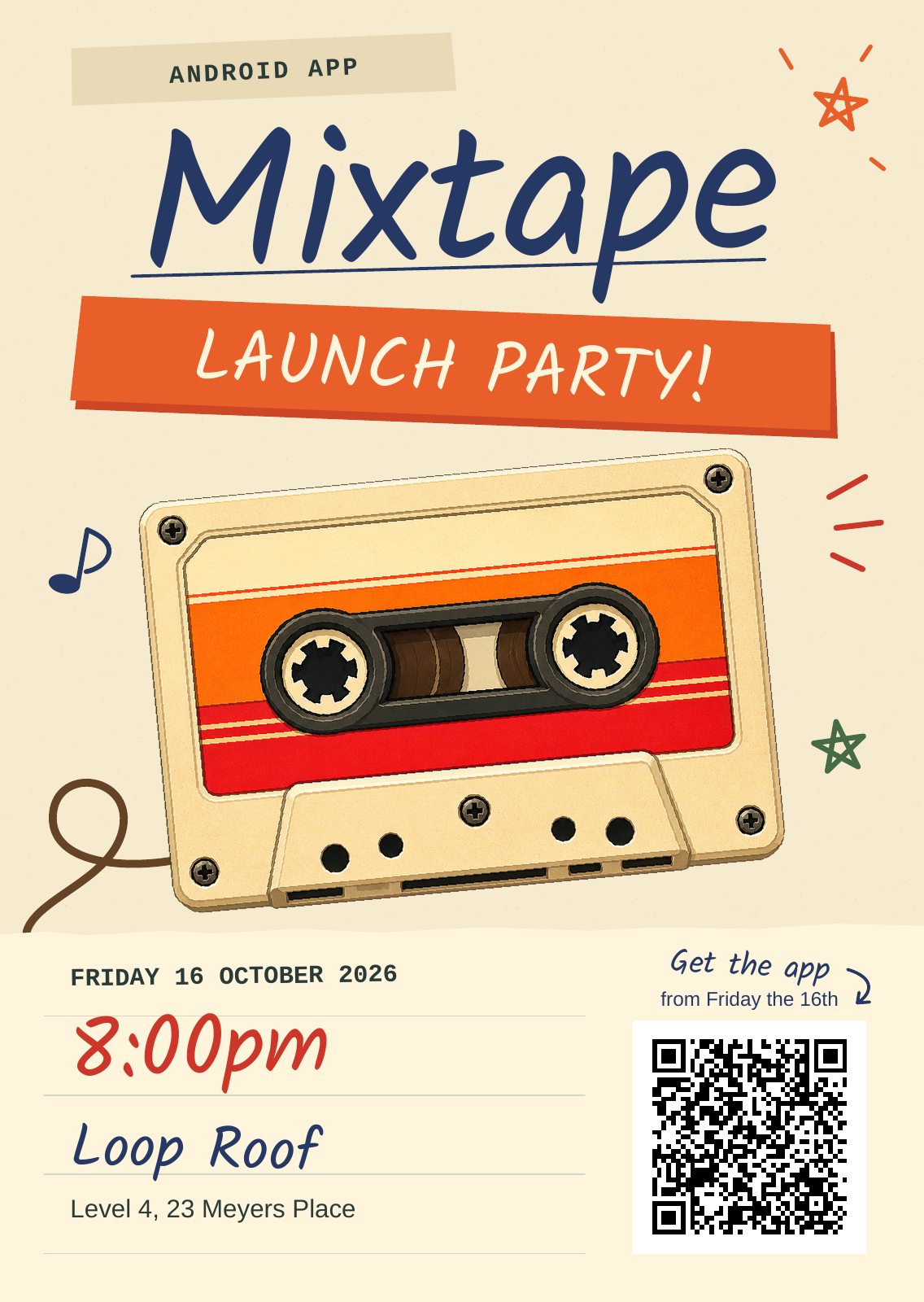 Mixtape Android app launch party. Friday 16 October 2026 at 8:00pm, Loop Roof, Level 4, 23 Meyers Place. Get the app from Friday the 16th. Open the original PDF flyer.